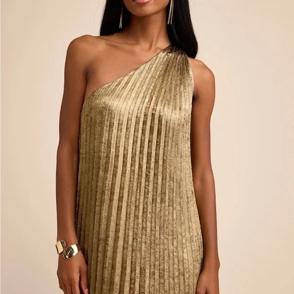 Lulus Averette Bronze Metallic Pleated One-shoulder Maxi Dress Gold Size L - Picture 7 of 10